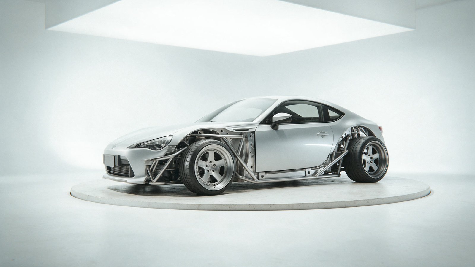 Completed silver coupe with exposed precision custom frame